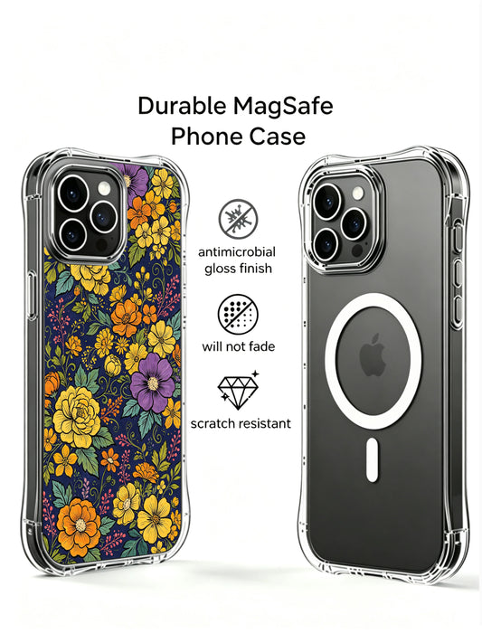 Warm seasonal night garden iPhone 13 Pro Max Case with golden blooms and deep navy floral style