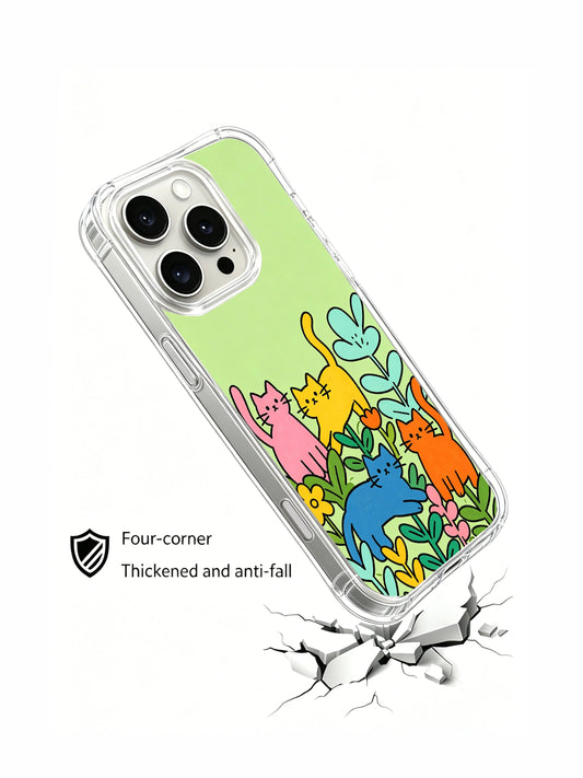 Floral iPhone 16 Pro Max Case with whimsical cat garden and green background