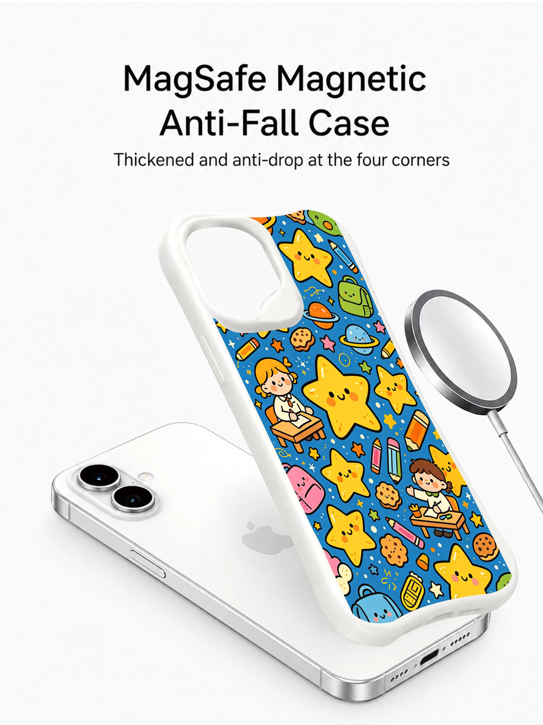 Whimsical space doodle iPhone 16 Plus Case with cute star pattern