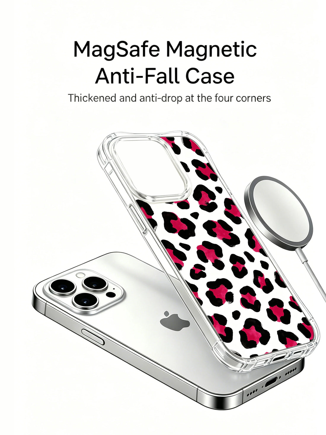 White base hot pink leopard iPhone 14 Pro Case with feminine animal print and clean statement style