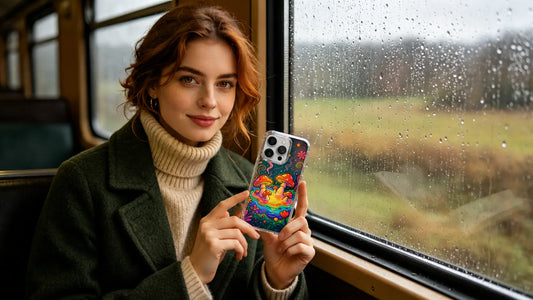 A luxury smartphone wearing a psychedelic doodle aesthetic phone case with vibrant whimsical mushrooms and rotating sun patterns by artist Luna Moss.