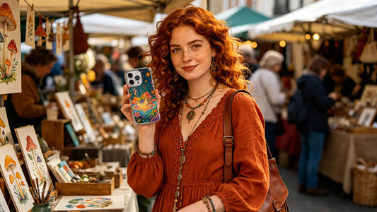 A premium smartphone wearing a rugged linocut aesthetic phone case with a bold wolf illustration and gold geometric mountain lines by artist Garrett Stone.