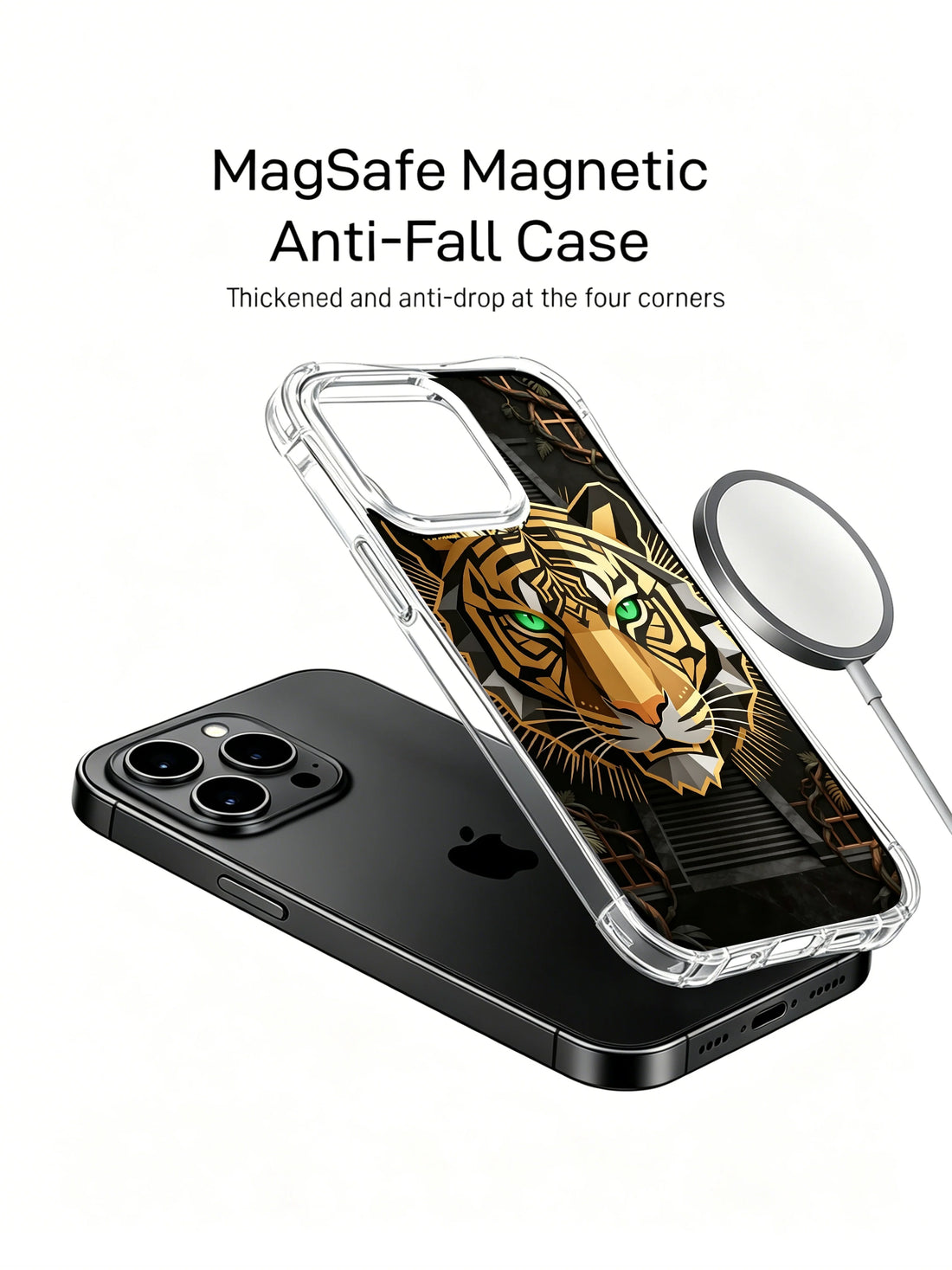 Black Gold Tiger iPhone 14 Plus Case with Stripe Art