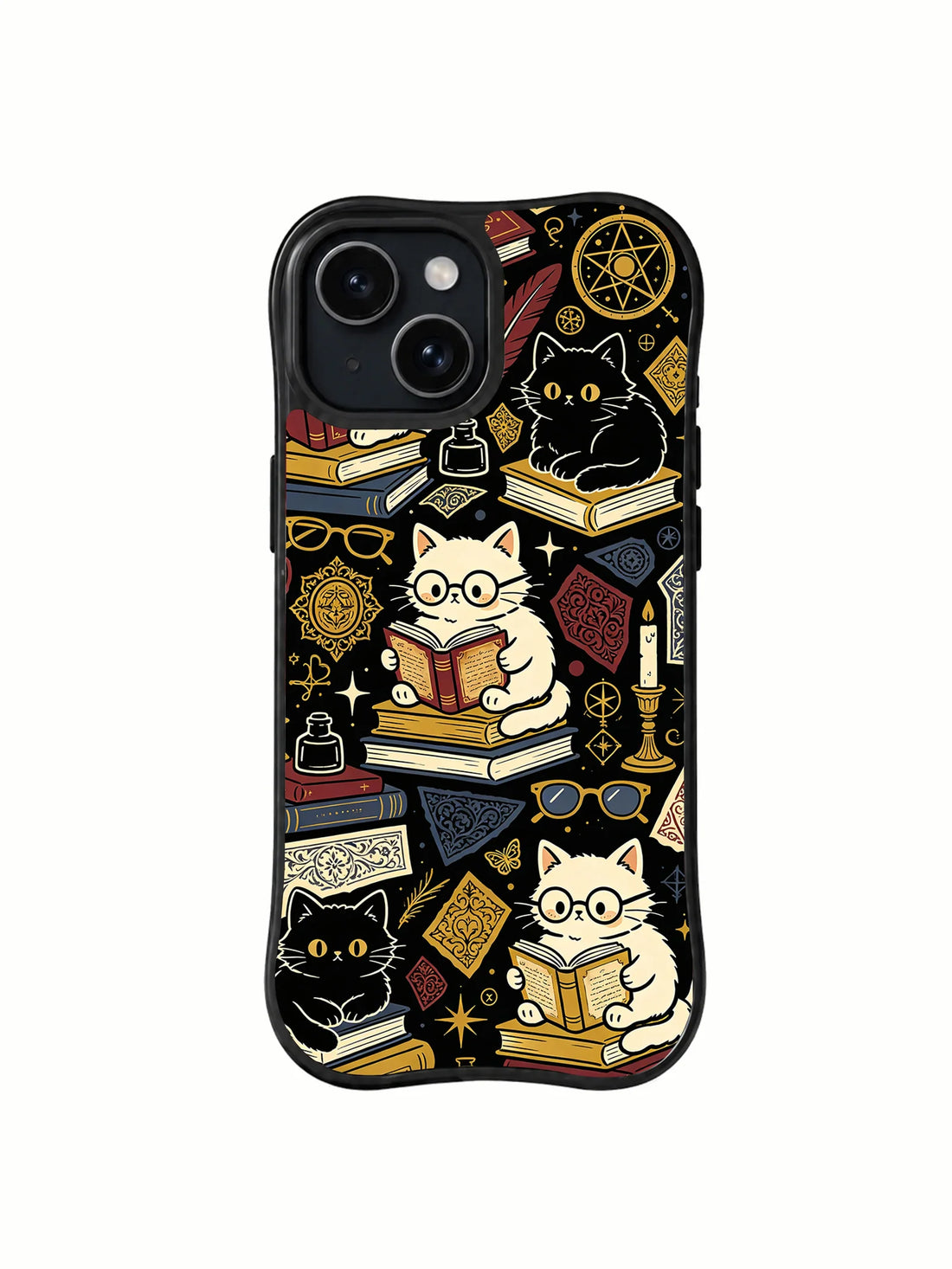 Black iPhone 15 case with white and black cats reading among stacked books, shelves, stars, and gold celestial symbols