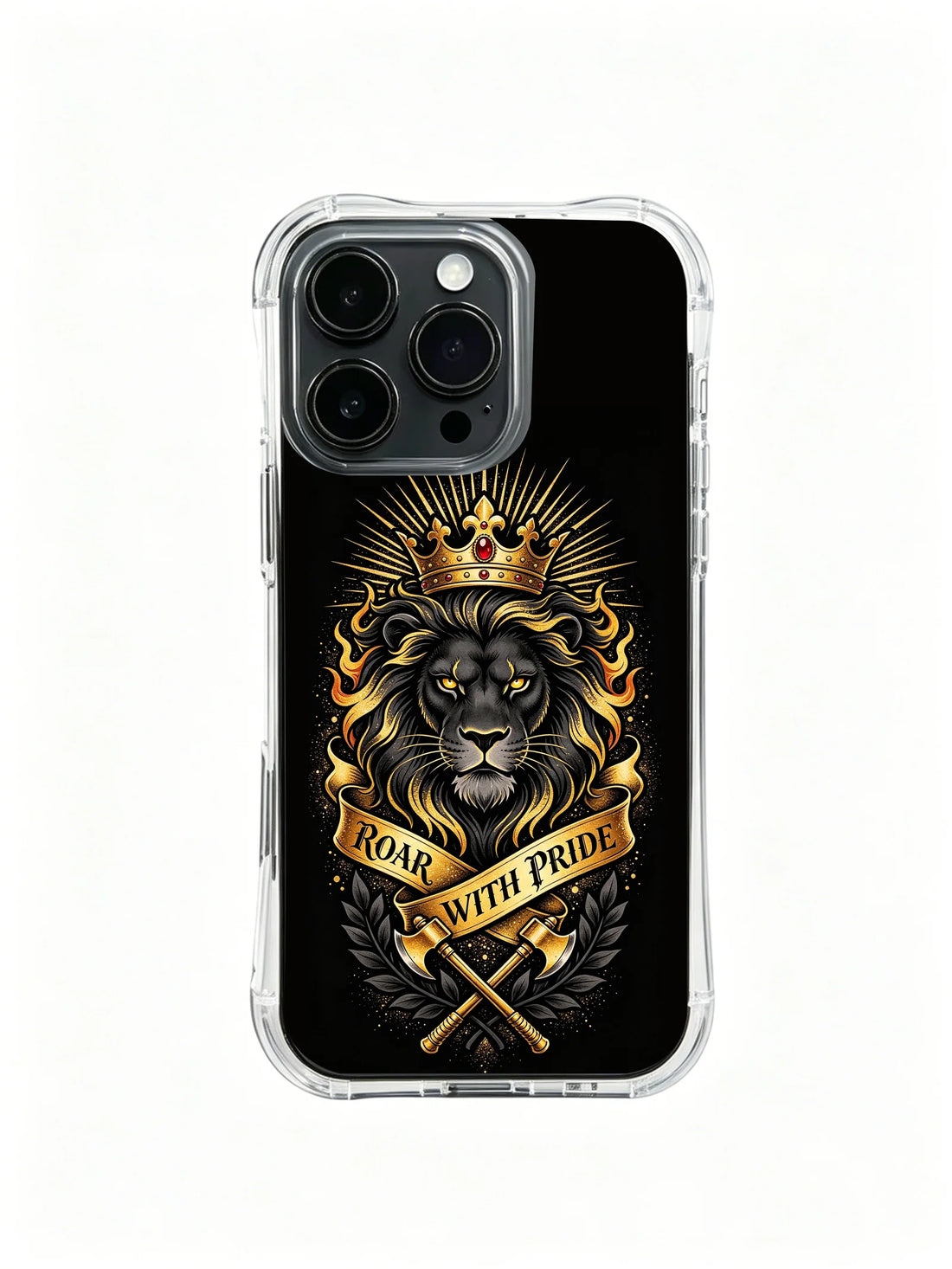 Clear iPhone 14 case with a crowned black lion, golden rays, crossed tools, and a ribbon banner