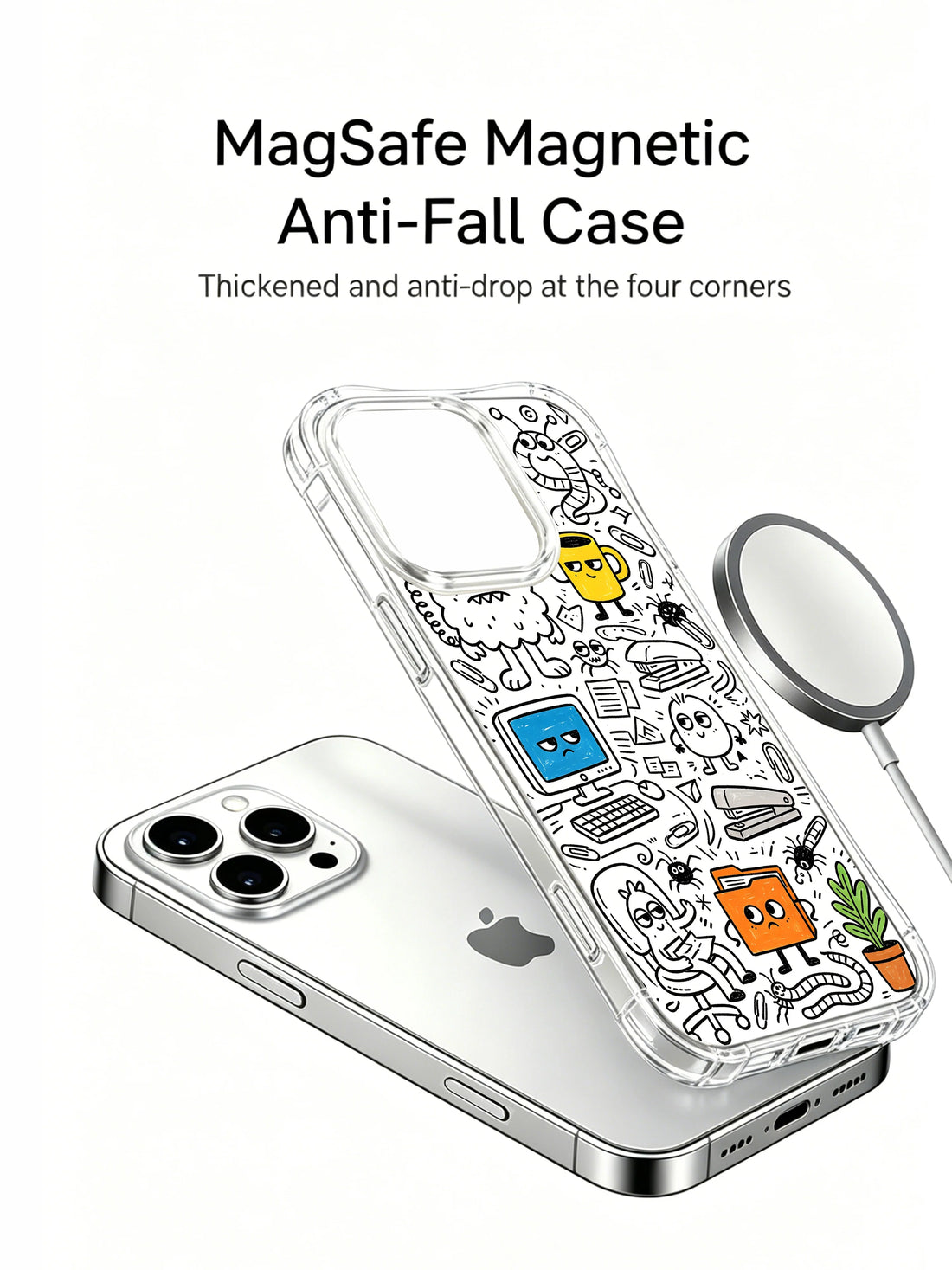 Cute iPhone 15 Pro Case with office doodle characters