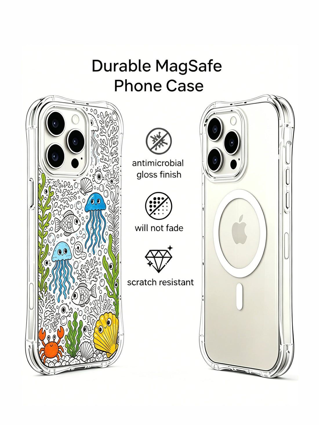 Unique iPhone 15 Pro Case gift with sea life art and ocean doodles