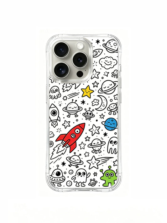 Space doodle iPhone 15 Pro Case with stars planets and spaceship art