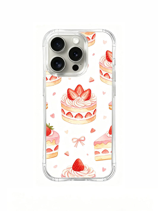 Clear iPhone case with strawberry-topped pink cakes, cake slices, tiny hearts, and pink bows