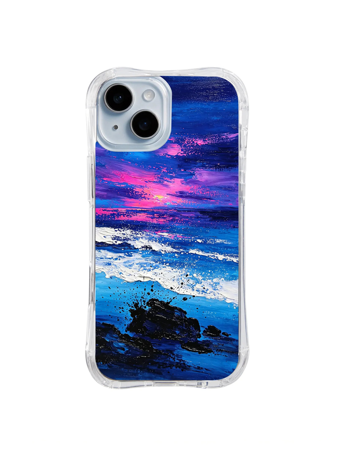 Neon Tide Horizon: Blue and violet sea bands meet bright pink strokes above dark rocks.