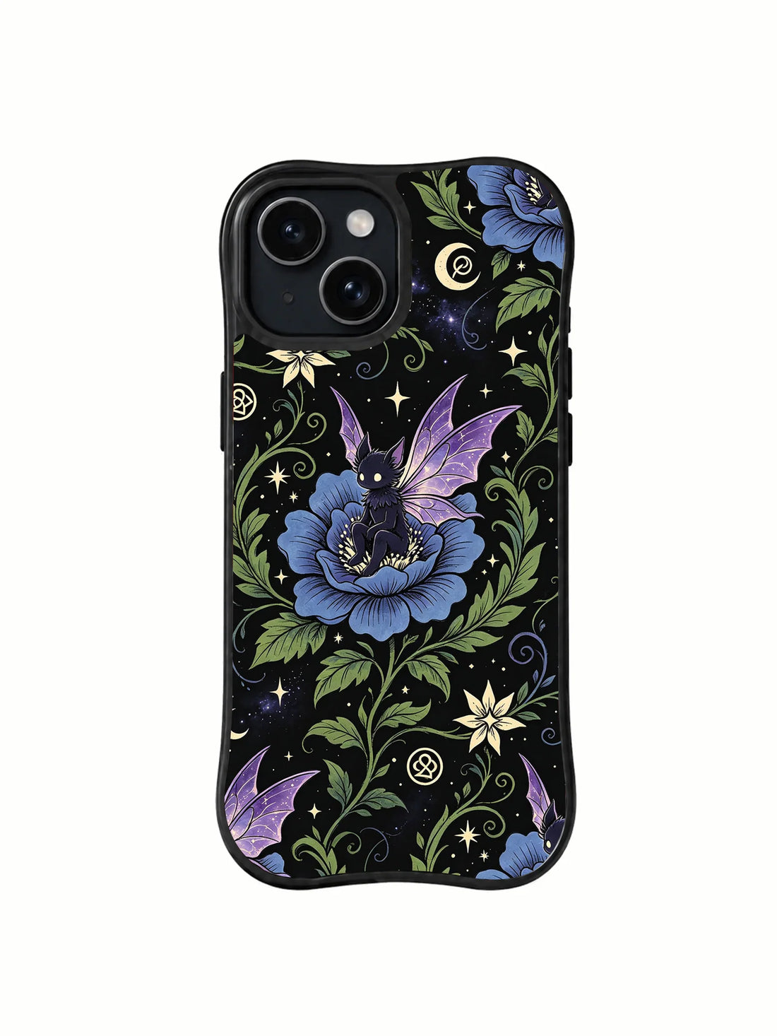 Black iPhone 15 Plus case with a large blue flower, purple winged figure, green vines, pale stars, crescent moons, and small geometric symbols