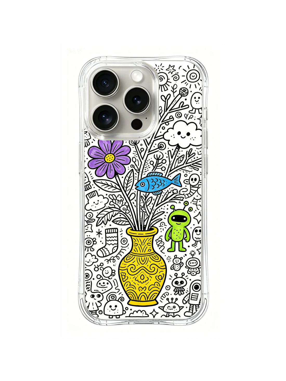 Clear MagSafe iPhone 15 Pro Case - Whimsical Vase Friends Doodle PhoneCasing for iPhone 15 Pro case