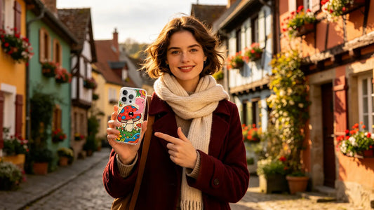 A luxury smartphone wearing a Y2K aesthetic phone case with a fluid liquid metal chrome butterfly and neon pink gradients by artist Xenia 2000.