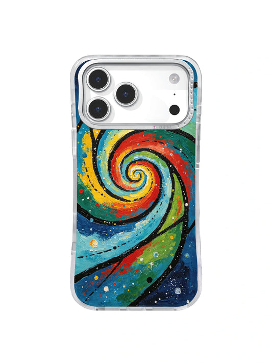 Clear iPhone 17 Pro Max case with a red, yellow, green, and blue spiral over a speckled dark teal field