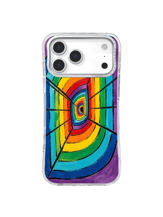 Rainbow geometric tunnel receding into a bright portal on an iPhone 17 Pro Max case.