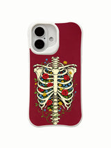 Wine-red ribcage floral composition on an iPhone 16 case