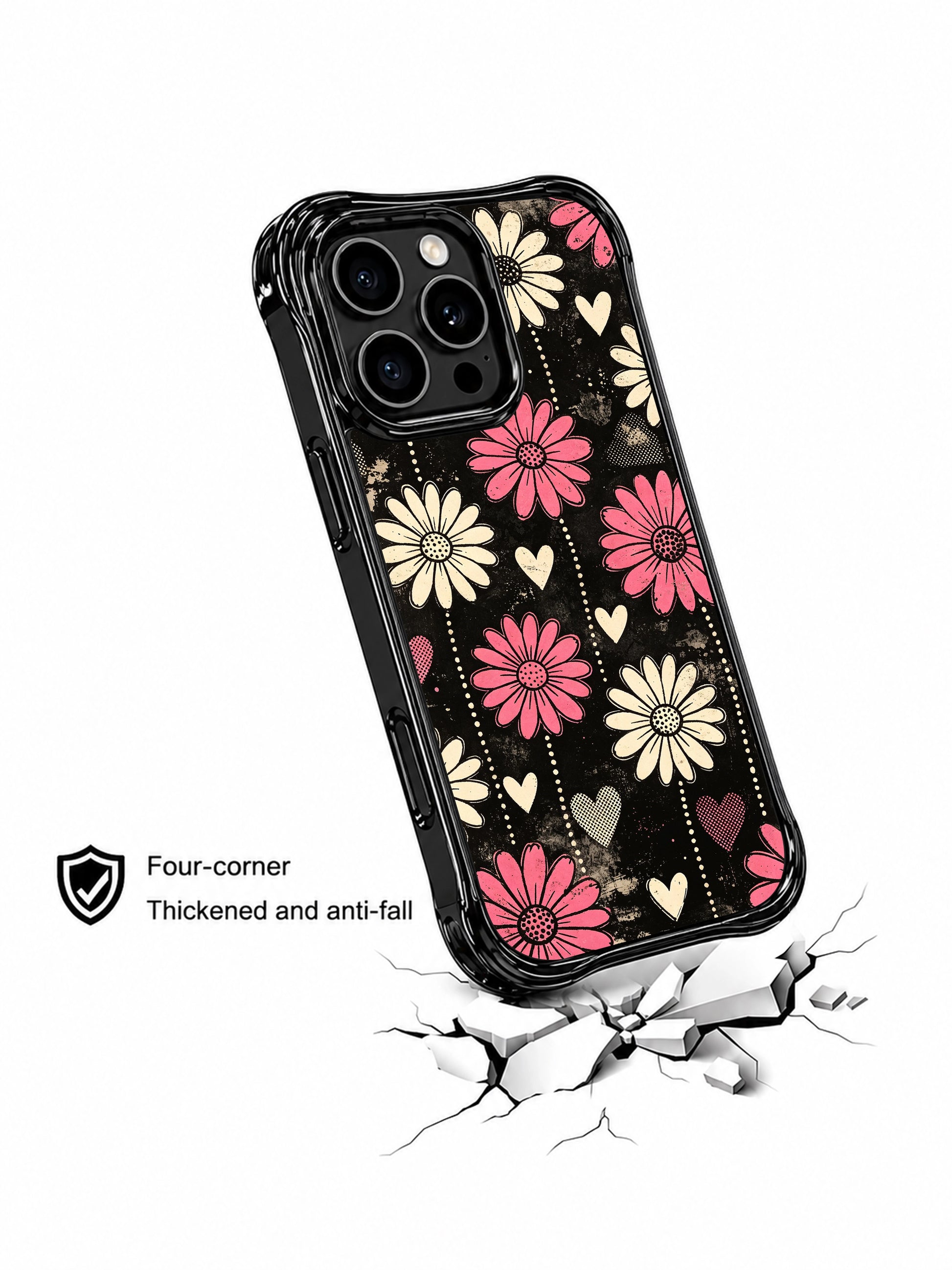 phonecasing-high-contrast-black-blush-pink-daisy-wavy-frame-iphone-16-pro-case.