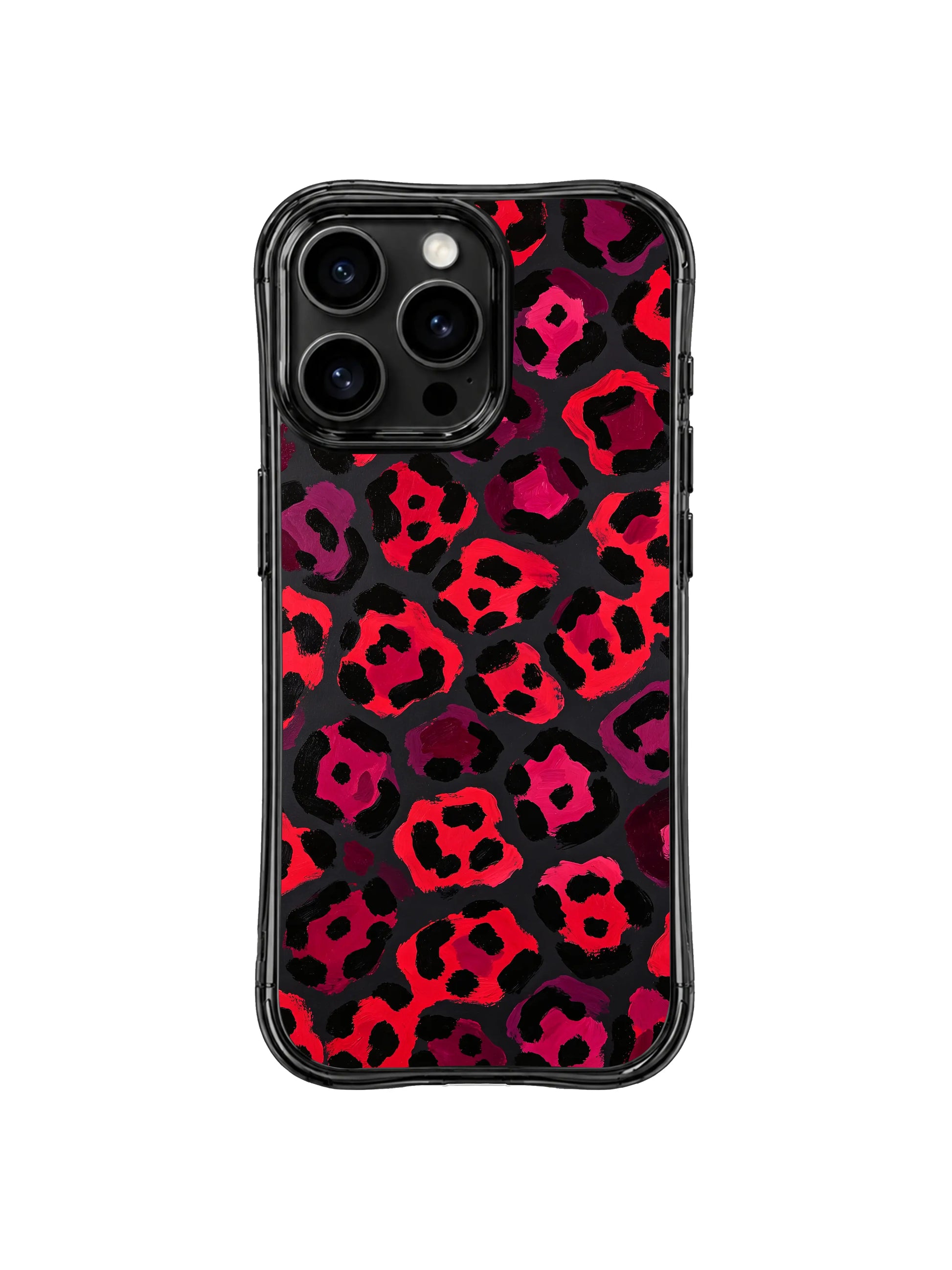PhoneCasing iPhone 14 Pro Case nighttime outdoor lifestyle handheld shot for Cherry Midnight Leopard casing. Dramatic dark cherry heart leopard print matching evening date, concert and city night outfits, bold trendy iPhone 14 Pro protective casing.
