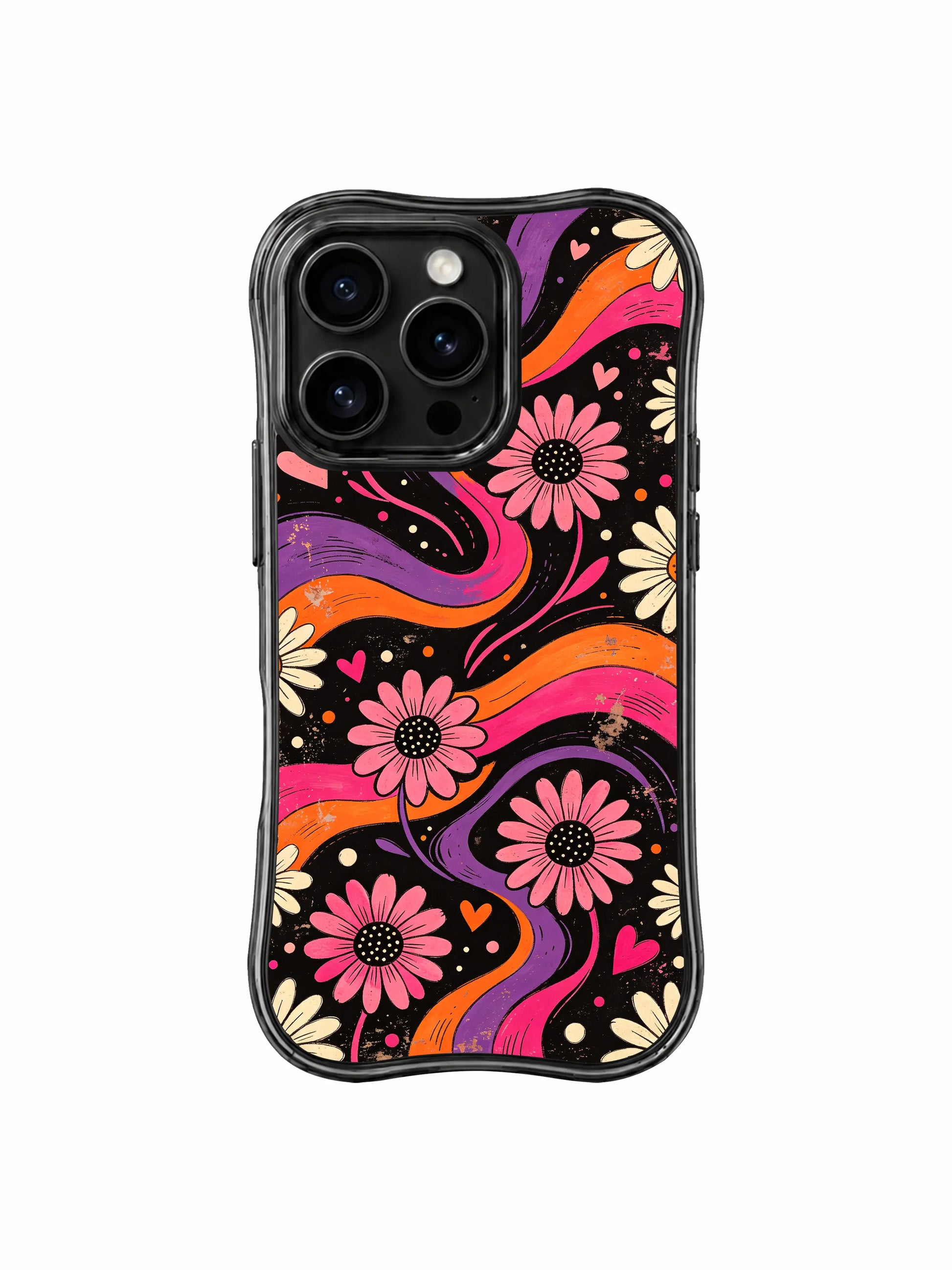 PhoneCasing iPhone 16 pro Case with full-bleed layered psychedelic swirl floating daisy and mini heart layout, Ruby Daze soft warm retro design, slim lightweight wavy premium case.