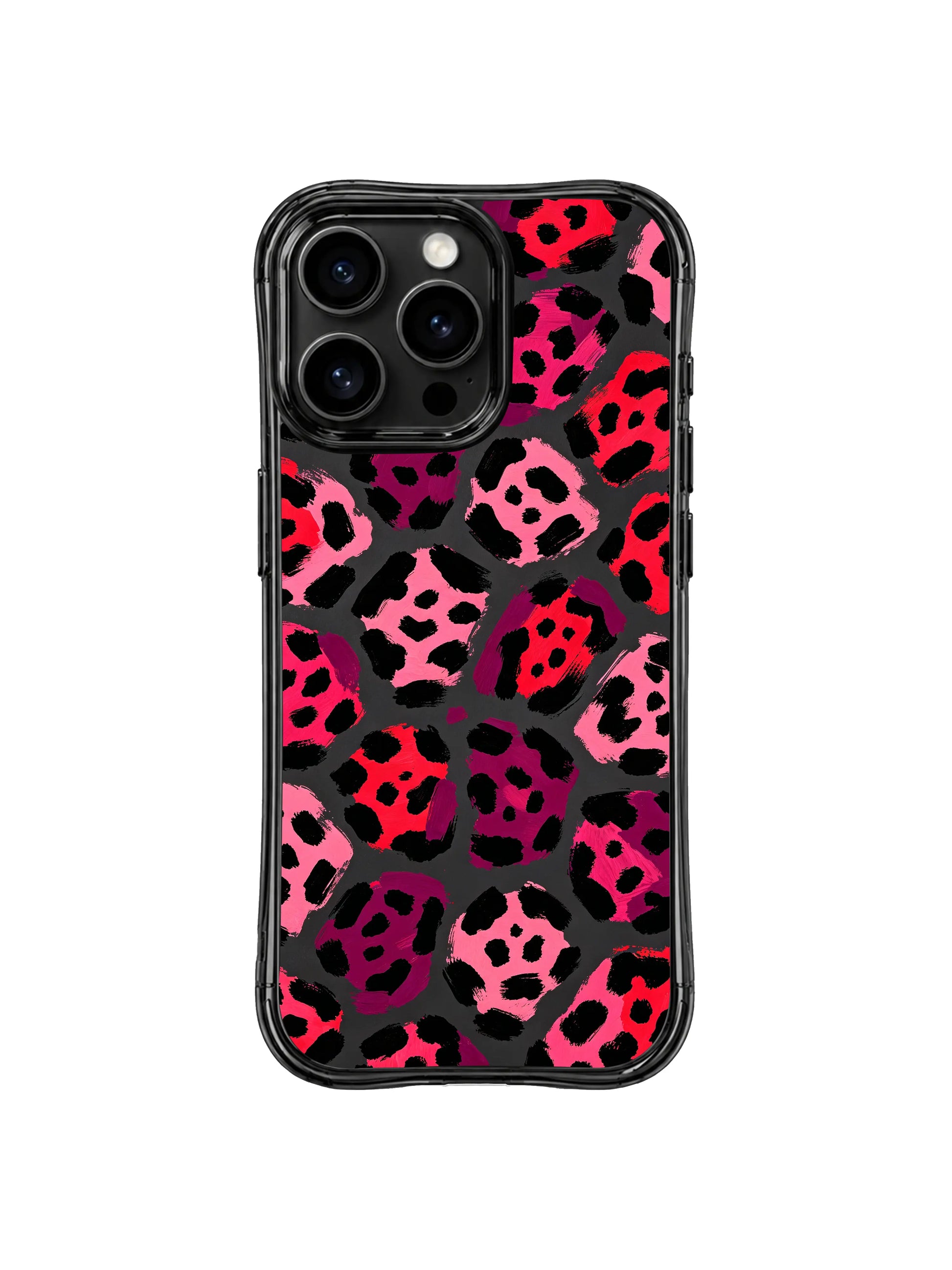 PhoneCasing iPhone 14 Pro Case gift-ready product shot of Cherry Midnight Leopard limited artist print. Balanced quiet midnight darkness and fiery cherry red heart leopard attitude, ideal sophisticated gift lightweight iPhone 14 Pro casing.
