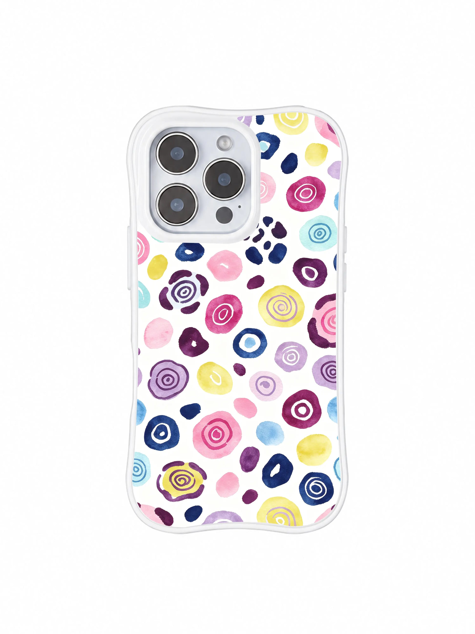PhoneCasing iPhone 14 Pro Case four-corner anti-drop demo shot with Moon Berry Heart Leopard graphic. Reinforced curved wavy white bumper, stain repellent surface, long-lasting color print shockproof iPhone 14 Pro casing.