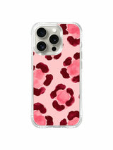 PhoneCasing iPhone 14 Pro Case macro texture close-up of Burgundy Rose Leopard floral watercolor print. Soft blurred gradient brush edges, organic hand-painted leopard rosettes, UV-printed pigment premium printed iPhone 14 Pro casing UV-printed in California.