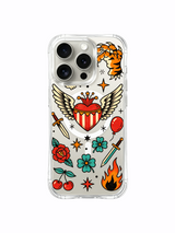 Clear MagSafe iPhone 15 Pro Case - Runaway Circus Winged Heart Old School