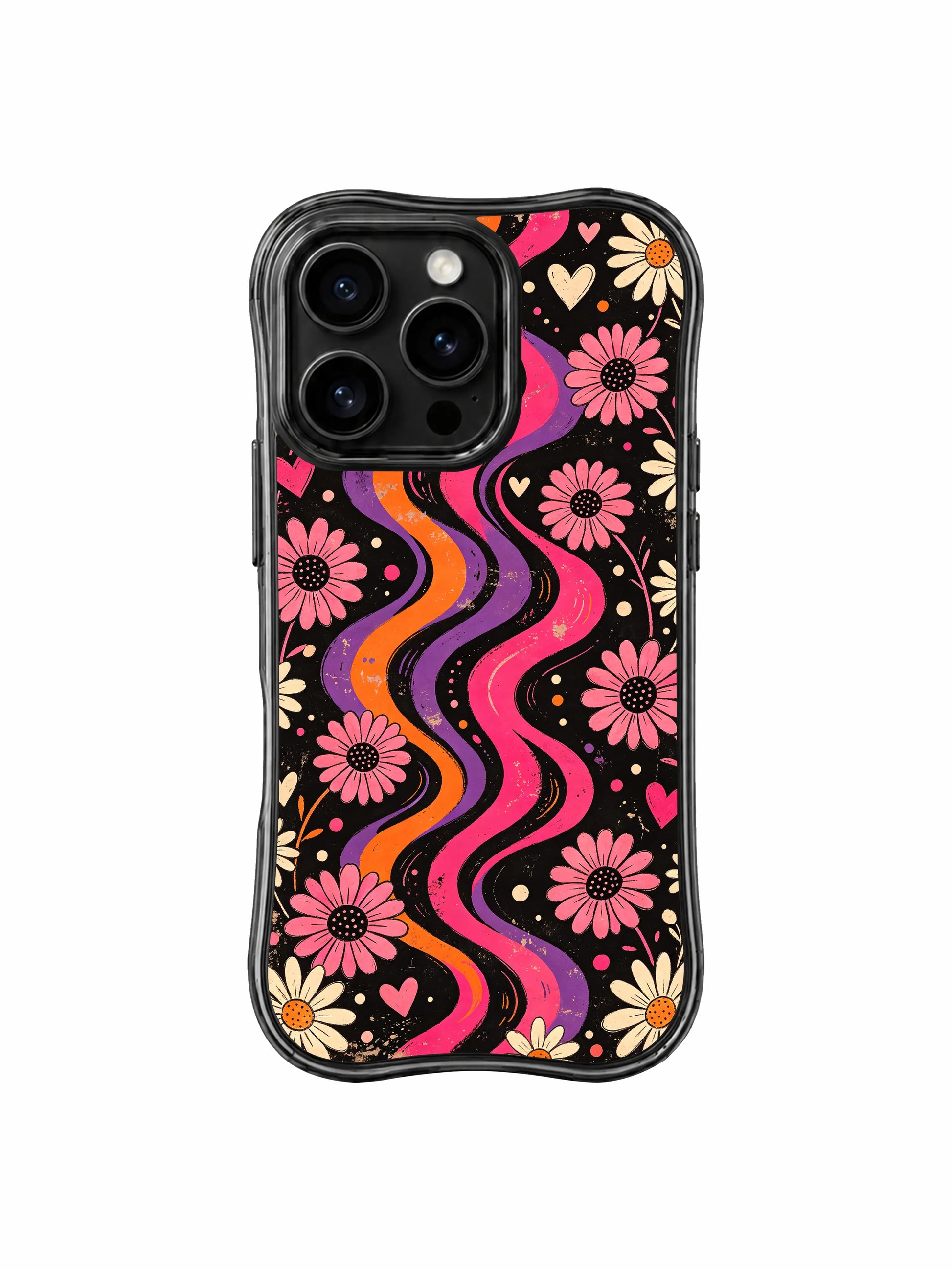 PhoneCasing iPhone 16 pro Case with subtle glowing warm heart doodle accents scattered across dark daisy field, part of Ruby Daze’s Tangerine Love Field Collection, fade-resistant wavy art casing.