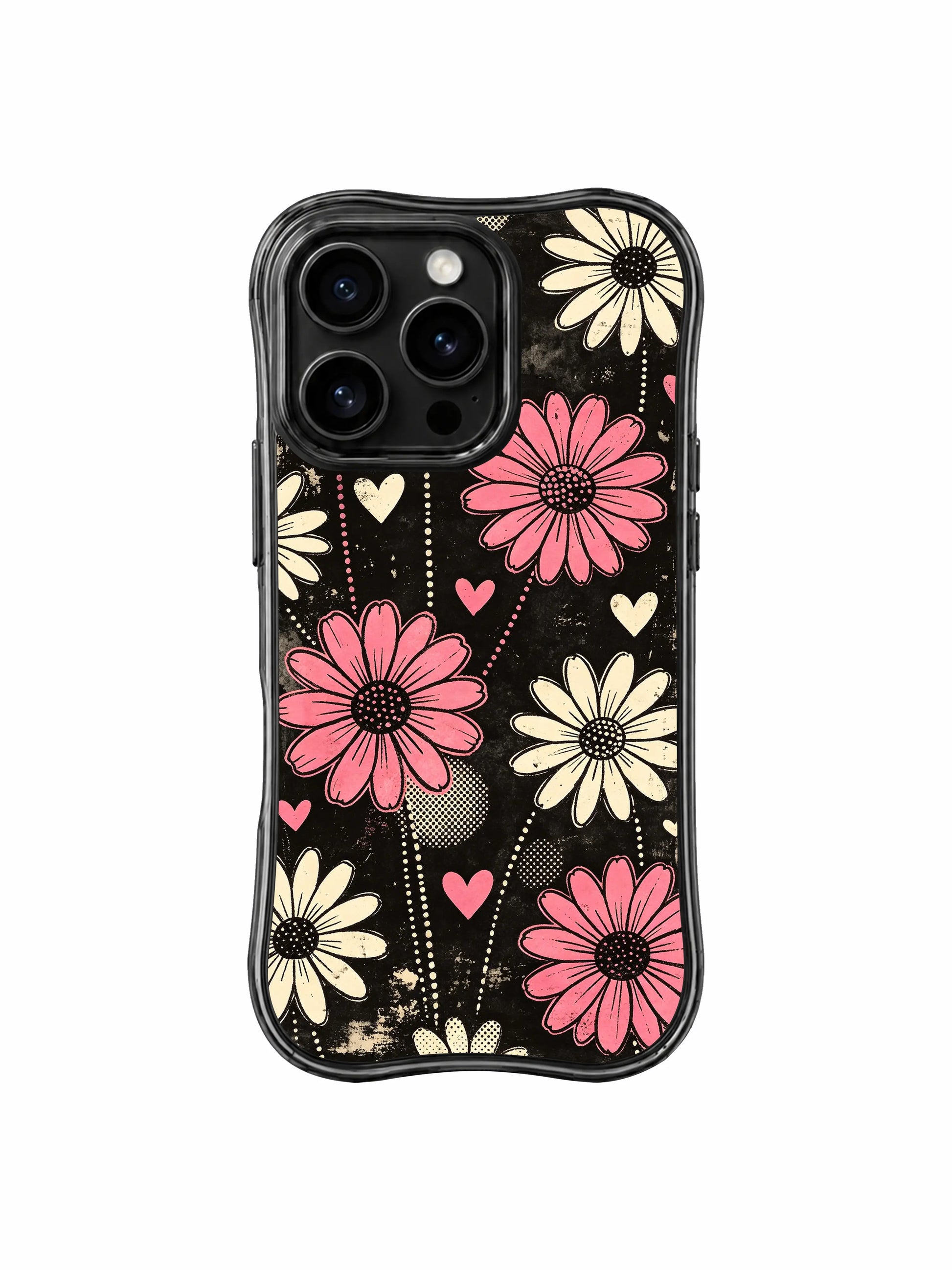 PhoneCasing iPhone 16 pro Case with authentic faded scratched vintage poster static grain, exclusive Ruby Daze Pink Static Garden wearable wavy frame art.