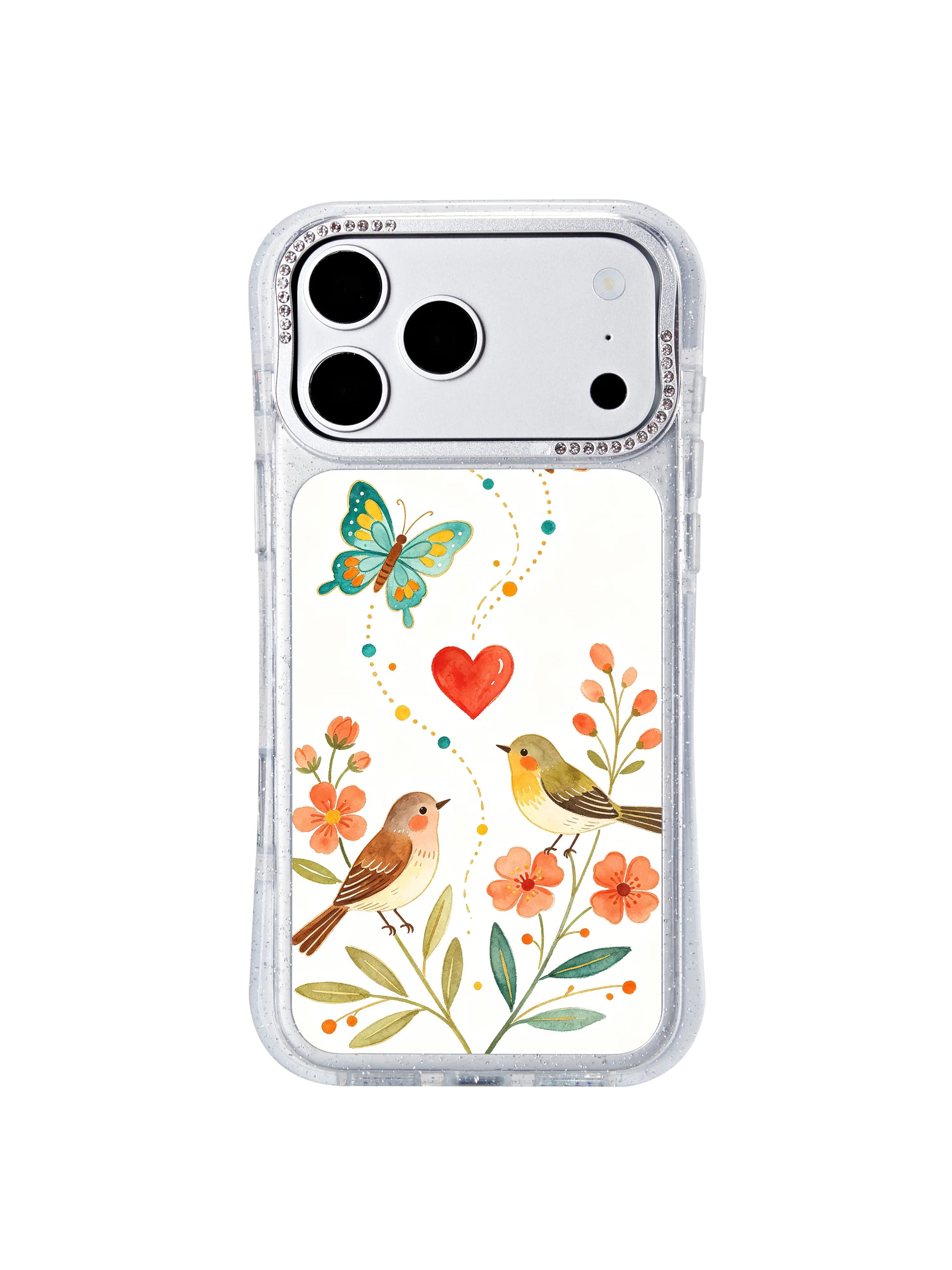 PhoneCasing gallery-grade printed iphone 17 pro Max case of Aurelia Finch’s Heartward Butterfly twin birds, retains original hand watercolor brush texture and soft warm floral hues.