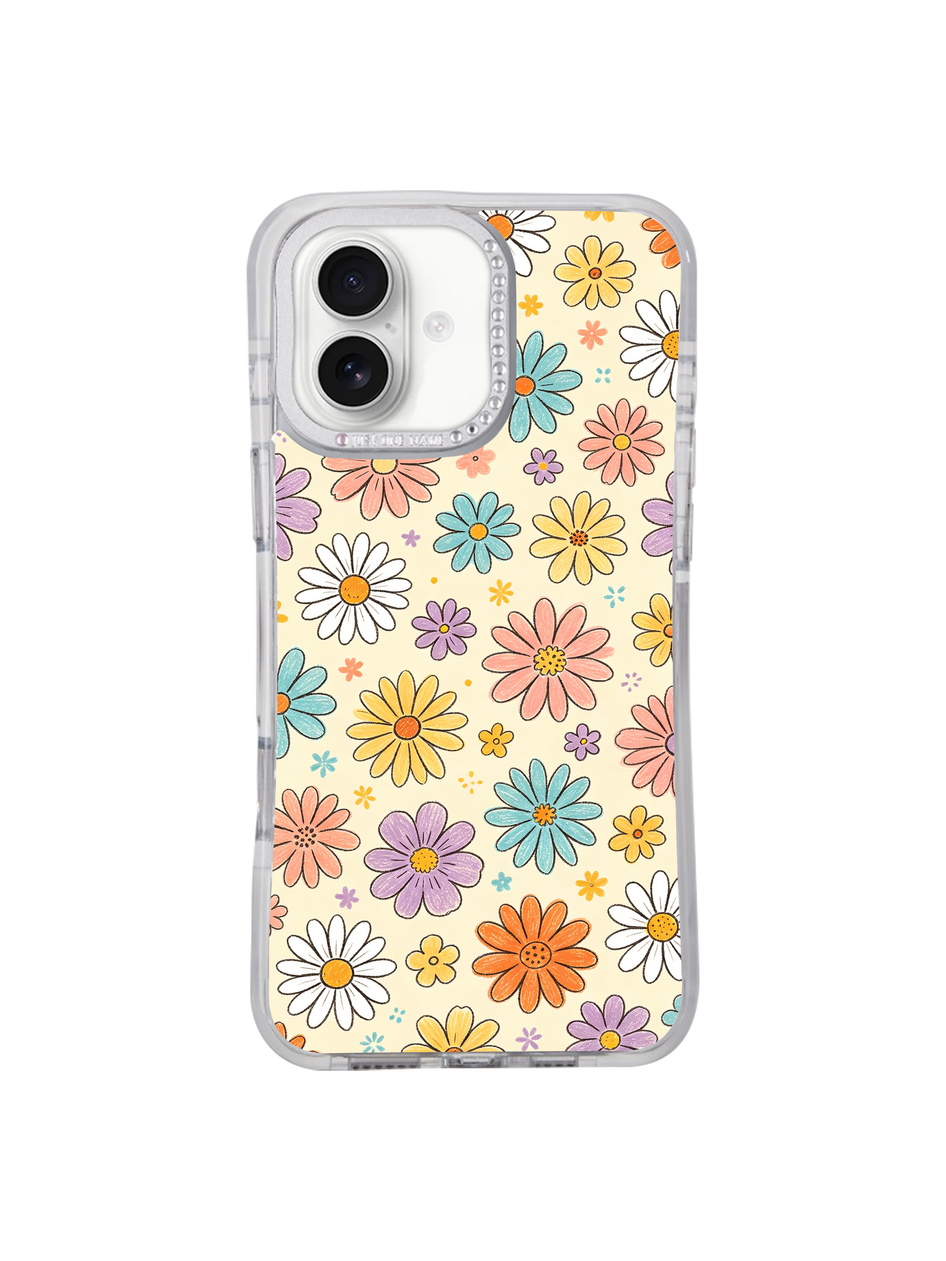 PhoneCasing collectible miniature retro fine art iPhone 17 Pro casing Cream Color Daisy Parade, soft crayon textured daisy illustration printed to professional gallery standards inside our local California print production atelier.