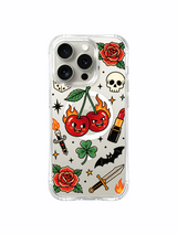 Şeffaf MagSafe iPhone 15 Pro Kılıfı - Flaming Cherry Club Eski Tarz Dövme