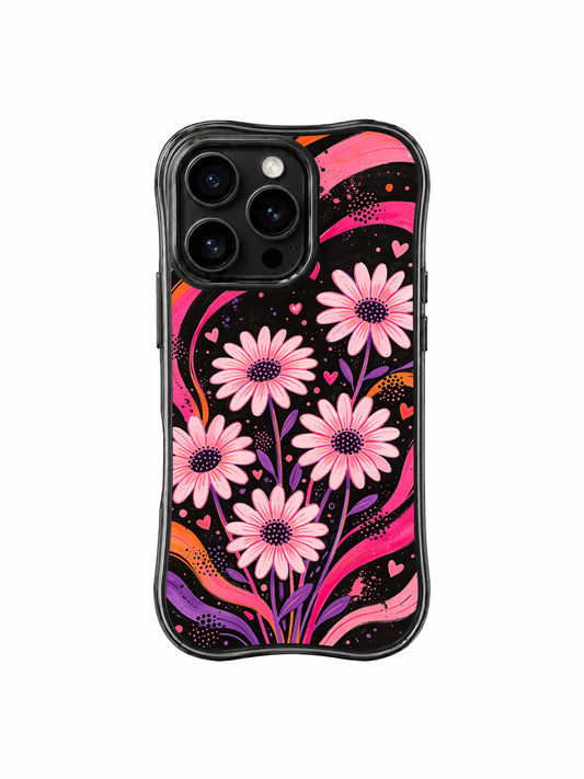 Ruby Daze Purple Candy Daisy Drift Wavy Black Frame MagSafe iPhone 16 Pro Case | Dark Base Purple Pink Orange Fluid Wave Daisy Hidden Heart Dreamy Pop Art Casing by PhoneCasing