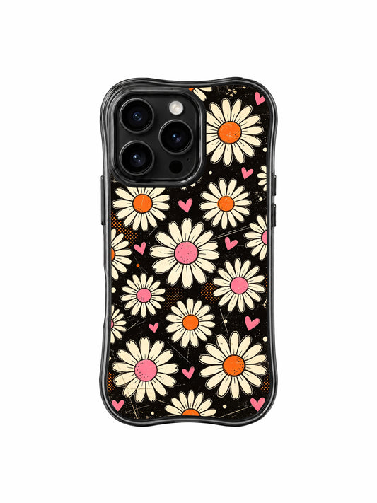 Ruby Daze Cream Daisy Love Noise Wavy Black Frame MagSafe iPhone 16 Pro Case | Vintage Grunge Black Background Cream Daisy Pink Orange Heart Dot Grain Retro Pop Art Casing by PhoneCasing