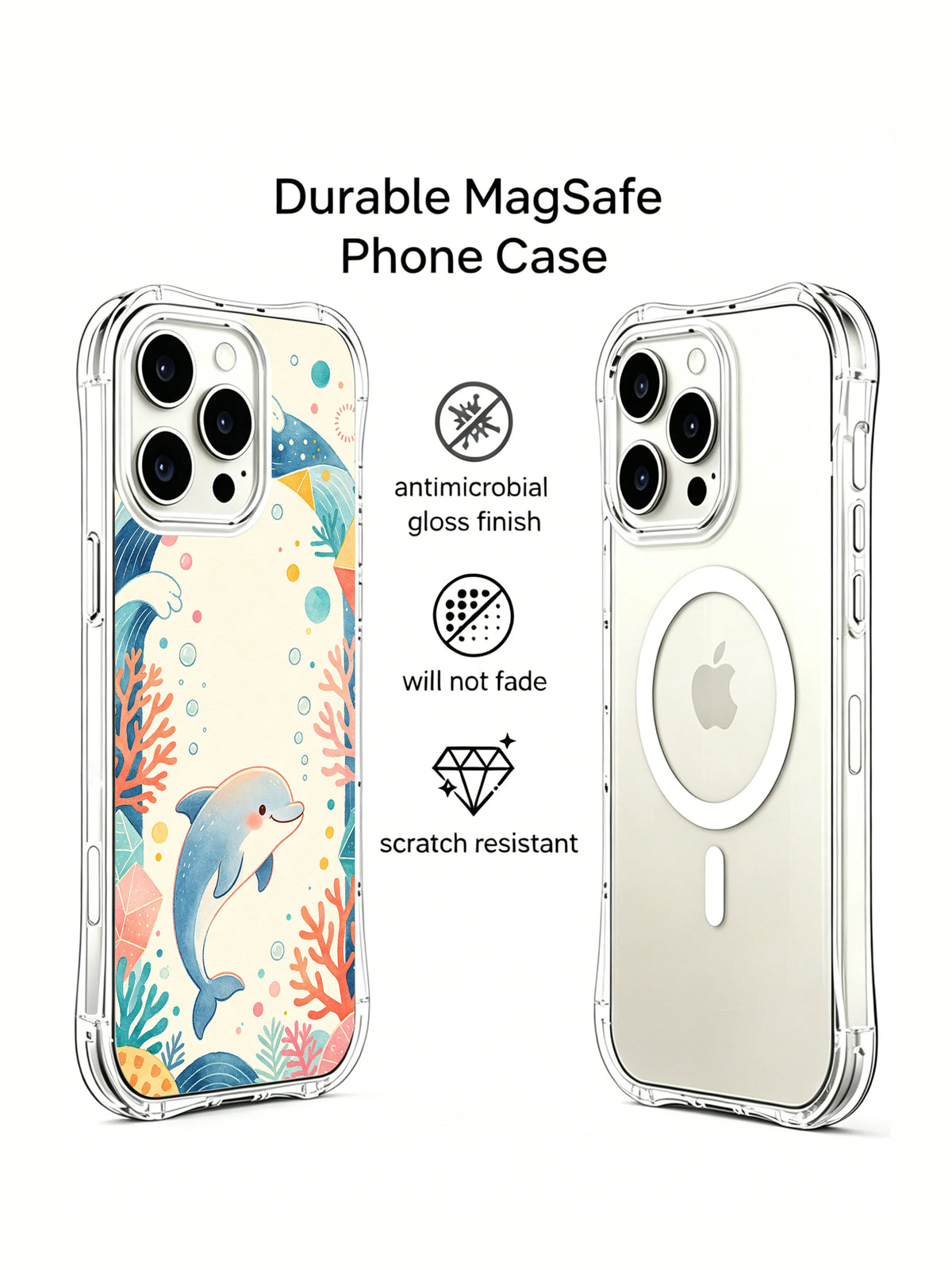 Coral Joy Dolphin iPhone 14 Pro case angled view