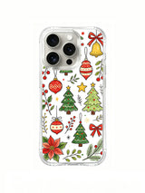 Christmas Ornament Garden: A yellow bell, striped red ornaments, three green trees and a red flower.