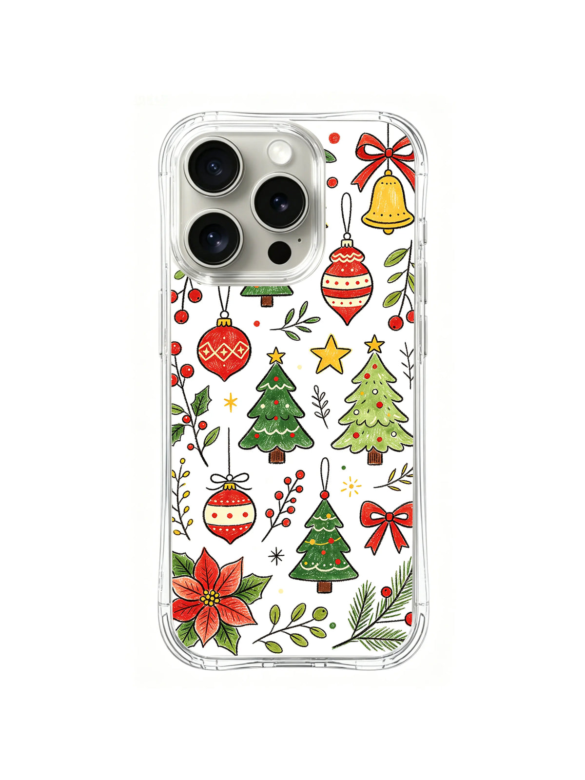 Christmas Ornament Garden / Classic Bauble Tree Garden: A yellow bell, striped red ornaments, three green trees and a red flower.
