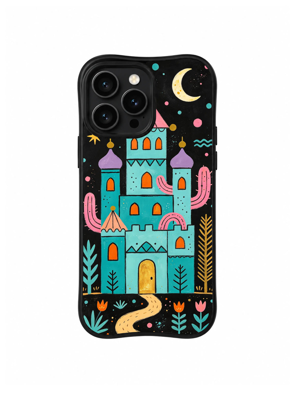 The Cactus Moon Caravan Palace / Desert Moon Twin Towers: A turquoise castle with paired rounded lavender turrets, pink cactus arms and a winding gold entrance path.