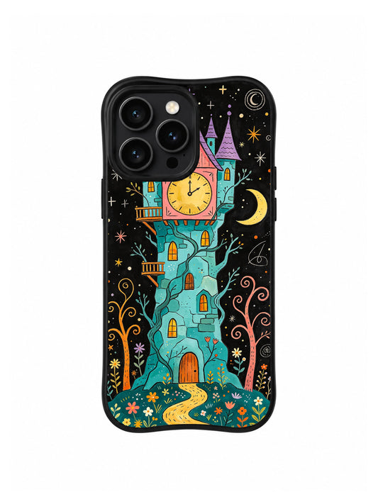 The Whispering Forest Clocktower: A large golden clock in a coral square above a twisting stone tower and narrow yellow path.