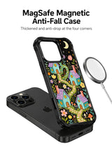 The Little Wizard Garden Village: Illustrated case shown separately above a phone beside a round charging accessory.