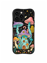 The Secret Mushroom Moon Village / Moonlit Mushroom Gate: A turquoise house with a purple cap and coral chimney beneath two towering mushrooms.