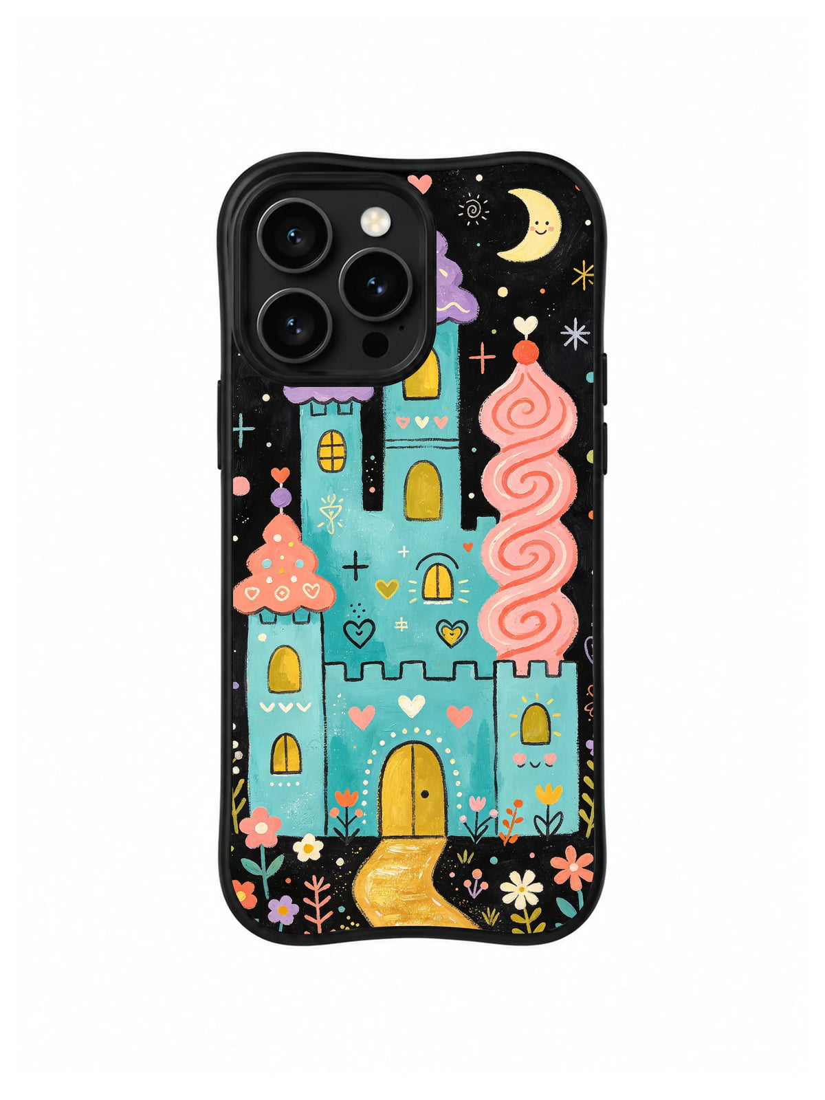 The Midnight Candy Castle / Moonlit Candy Keep: A tall coral spiral on the right, purple roof on the left and tiny hearts above a golden doorway.
