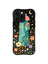 Moonlit Turquoise Academy / Midnight Flower Academy: A curving tower with a coral-roofed room projecting right above dense multicolored daisies.