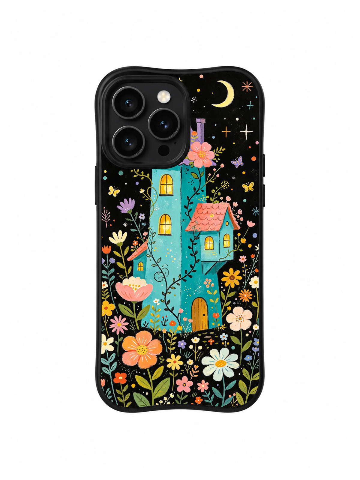 Moonlit Turquoise Academy / Lantern Path Observatory: A narrow turquoise tower with a right-side coral roof, gold door and large orange and cream flowers below.