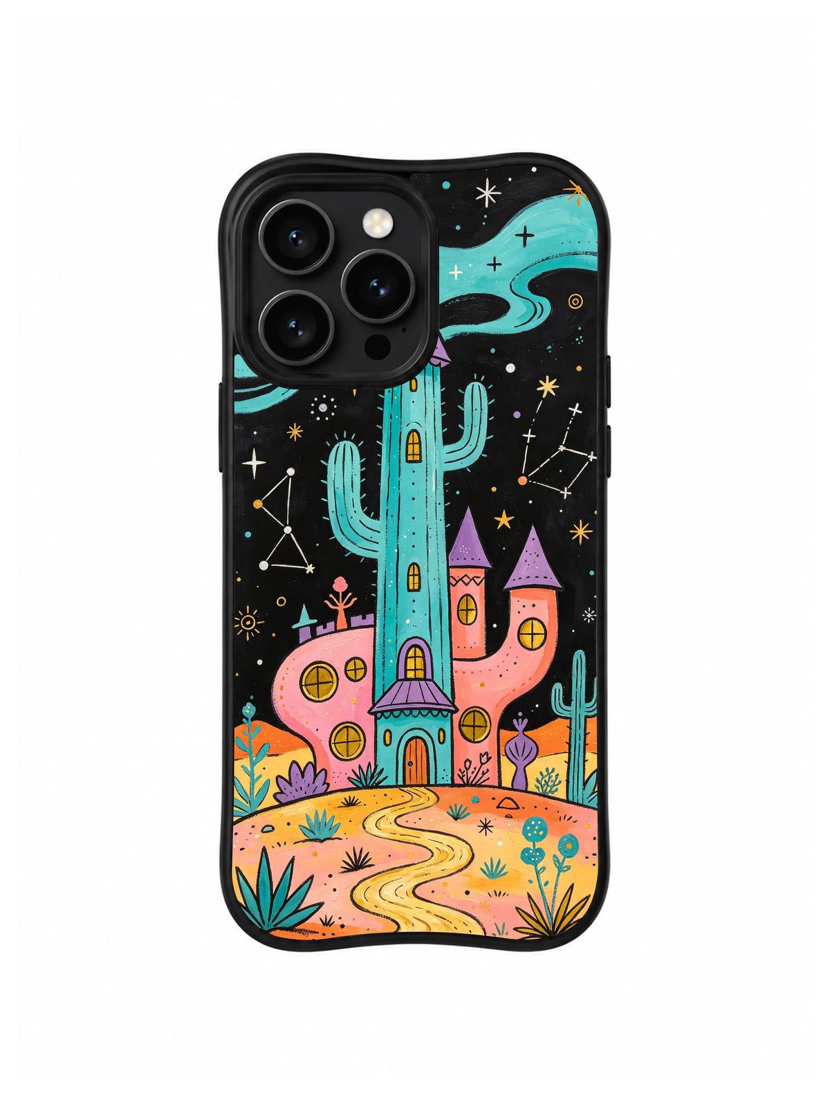 Dreaming Desert Observatory / Constellation Caravan Tower: Bir yanda yuvarlak pembe kanat, diğer yanda iki mor çatılı kuleyle küçük sundurma üzerinde dar kaktüs kule.