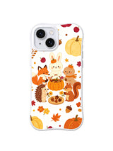 Pumpkin Bunny Harvest / Pumpkin Basket Gathering: Woodland friends gather around a pumpkin basket and a small pie beneath large fruit shapes.