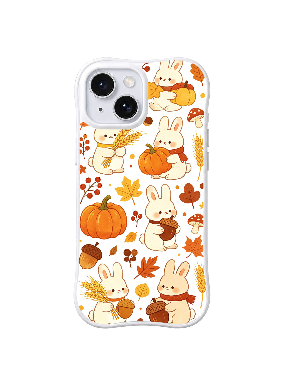 Wheat Field Bunny Thanks / Harvest Bunny Patch: Krem tavşanlar bal kabağı, buğday ve meşe palamudu tutuyor; bazılarında dağınık mantar ve yapraklar arasında kırmızı atkı var.