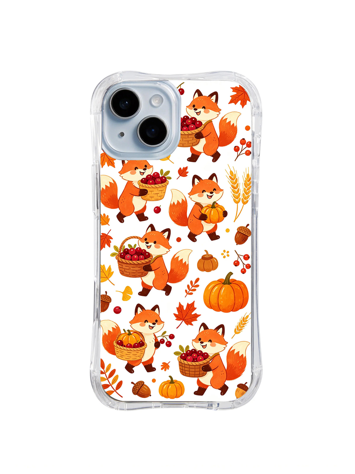 Cranberry Fox Celebration / Dancing Harvest Foxes: Repeated standing orange foxes holding berry baskets and pumpkins, interspersed with acorns and golden leaves.