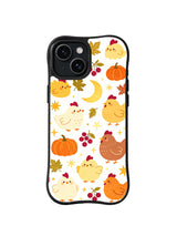 Harvest Moon Chickens / Celestial Chick Pumpkin Scatter: Small round chicks and hens with pumpkins, red berries, yellow crescent moons and star marks in a compact repeat.