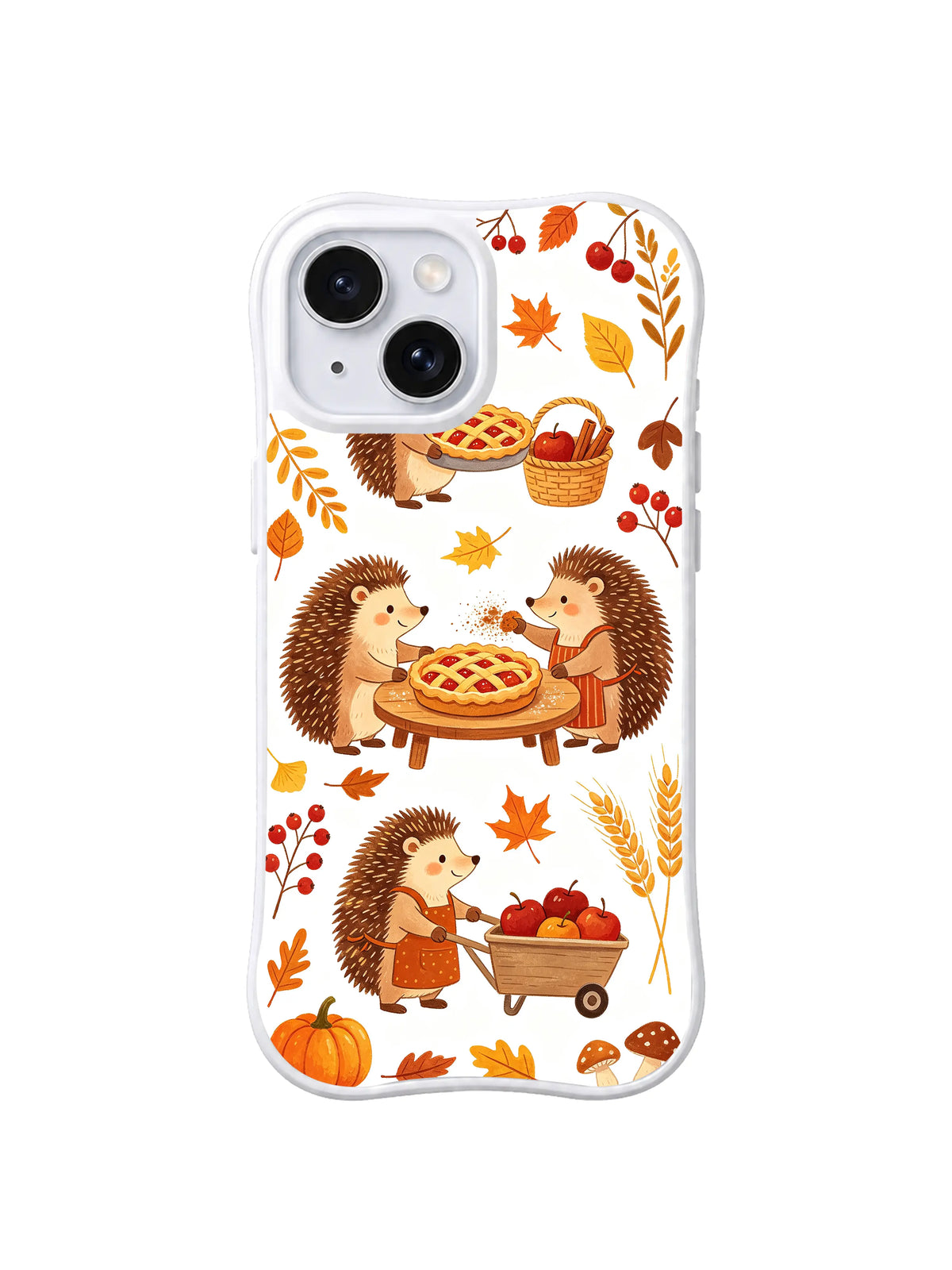 Apple Pie Hedgehog Parade / Hedgehog Pie Picnic: Two hedgehogs sharing a lattice pie at a small table, with other hedgehogs gathering apples in a cart and basket.